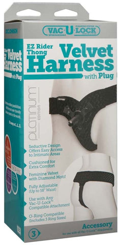 Vac-U-Lock EZ Rider Thong Velvet Harness with Plug Black - Strap On Sextoys