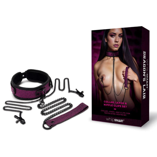 WhipSmart Dragons Lair - Collar Leash & Nipple Clips for Dominance & Submission Breast and Nipple Toys