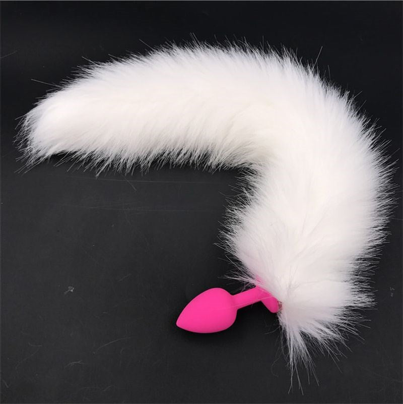 White Faux Fox Tail with Pink Silicone Butt Plug Prostate Toys