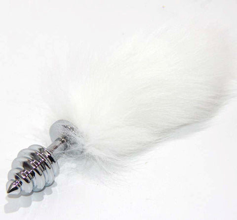 White Kitten Tail Silver Ribbed Butt Plug - Steel Sex Toys