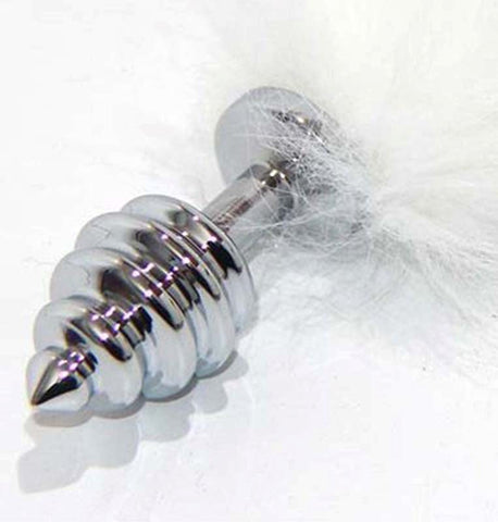 White Kitten Tail Silver Ribbed Butt Plug - Steel Sex Toys