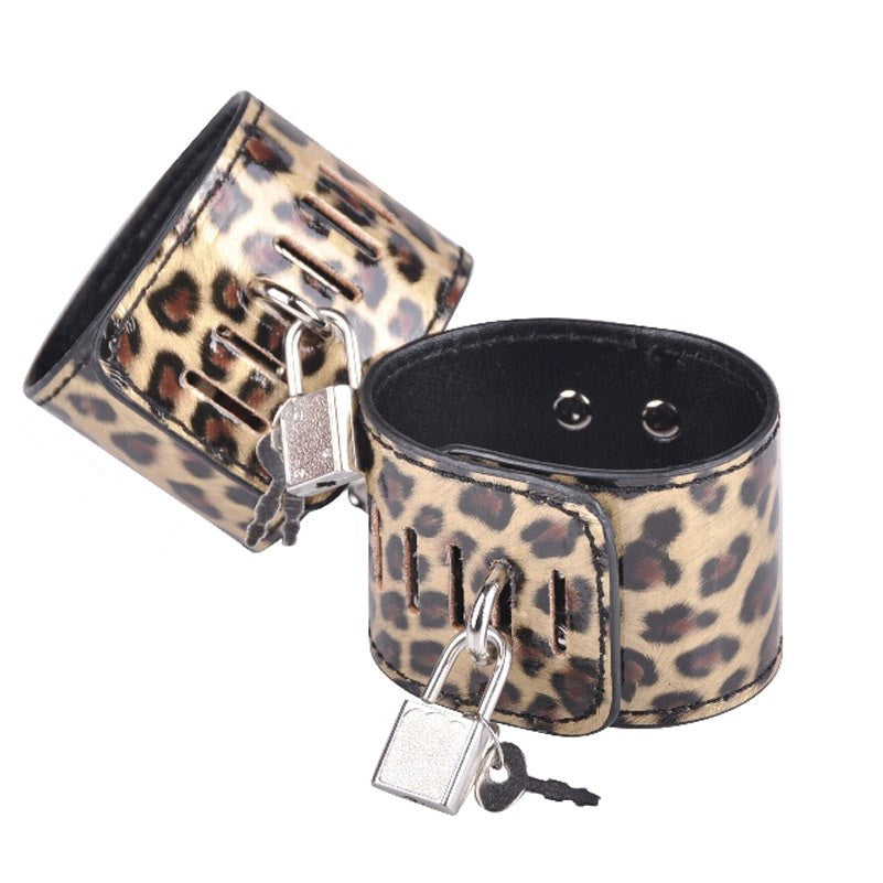 Wild Leopard Wrist and Ankle Cuffs with Hogtie Cuffs And Restraints