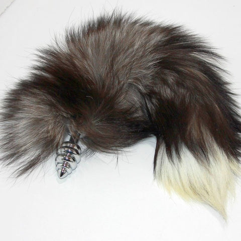Faux Fox Tail Ribbed Silver Butt Plug - Steel Sex Toys
