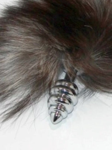 Faux Fox Tail Ribbed Silver Butt Plug - Steel Sex Toys