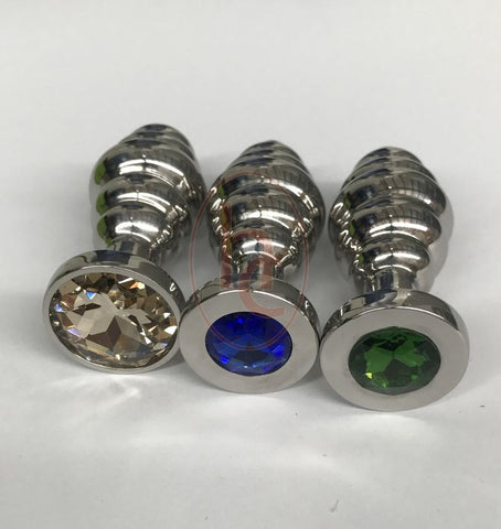 Ribbed Jewelled Medium Butt Plug Champagne - Steel Sex Toys