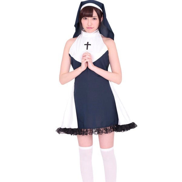 Black Frilled Lace Slutty Nun Costume With Habit Fancy Dress Ups