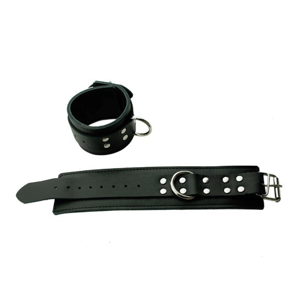 Black Leather Wrist Cuffs With Lining And D Ring Cuffs and Restraints