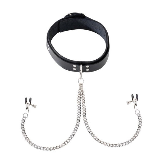 Spartacus Leather Double Strap O-Ring Collar - Broad Tip Clamps for Sensual Pleasure - Collars and Leads