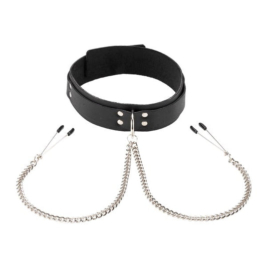 Spartacus Leather Double Strap O-Ring Collar with Tweezer Clamps - Collars and Leads