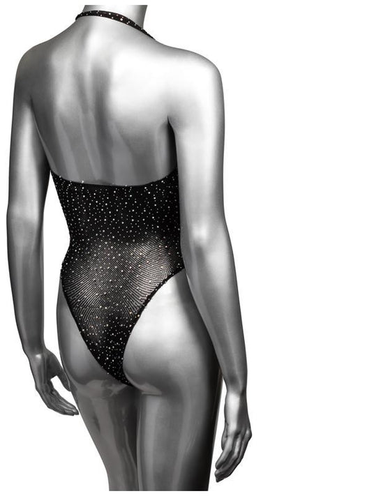 Radiance Deep V Rhinestone Mesh Bodysuit with Thong Teddies and Bodysuits