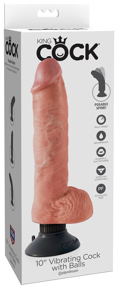 King Cock 10 Inch Vibrating Cock with Balls and Suction Cup Vibrating Dildos