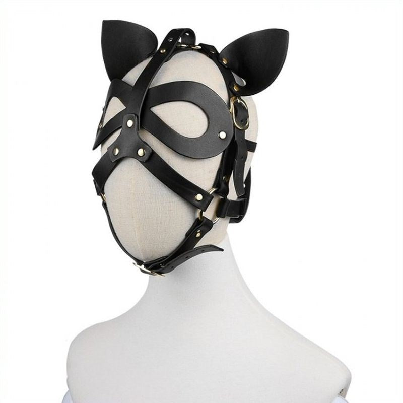 Bondage Leather Cat Mask With Ears Butt Plugs