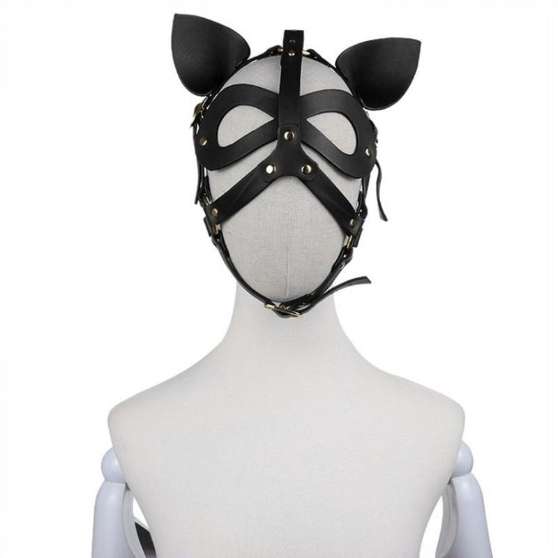 Bondage Leather Cat Mask With Ears Butt Plugs