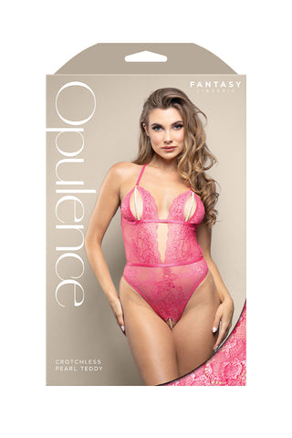 Fantasy Lingerie OPULENCE Crotchless Pearl Teddy Pink - Teddies and Bodysuits