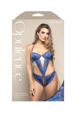 Fantasy OPULENCE Crotchless Pearl Halter Teddy Royal Blue - Teddies and Bodysuits