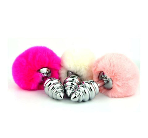 Bunny Tail Silver Ribbed Butt Plug - Realistic Dildos