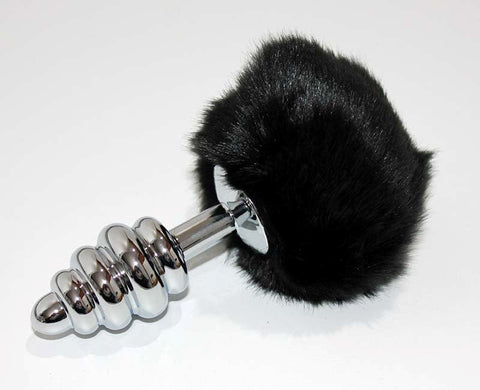 Bunny Tail Silver Ribbed Butt Plug - Realistic Dildos