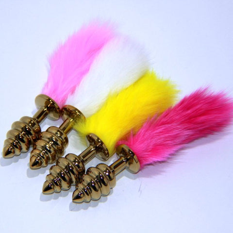 Faux Rabbit Tail Ribbed Butt Plug Gold Medium - Steel Sex Toys
