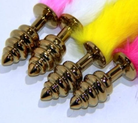 Faux Rabbit Tail Ribbed Butt Plug Gold Medium - Steel Sex Toys