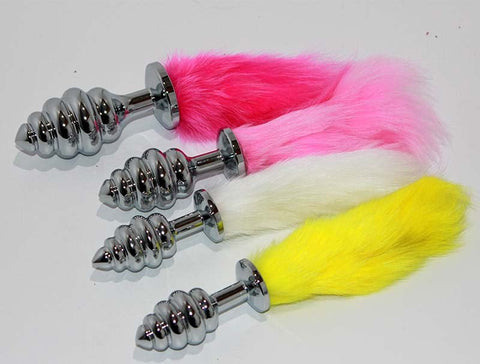 Faux Rabbit Tail Ribbed Butt Plug Silver Medium - Steel Sex Toys