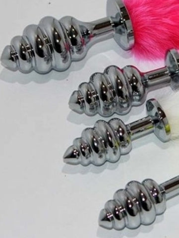 Faux Rabbit Tail Ribbed Butt Plug Silver Small - Steel Sex Toys