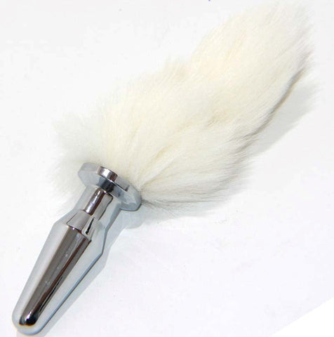 White Kitten Tail Silver Long Butt Plug - Rabbit Vibrators