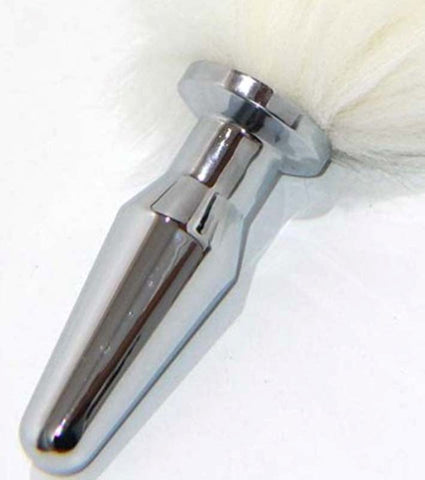 White Kitten Tail Silver Long Butt Plug - Rabbit Vibrators