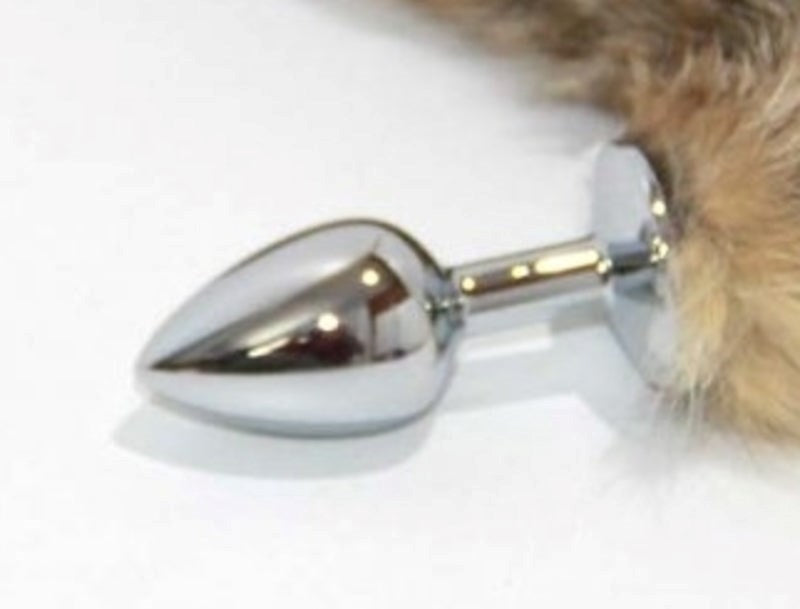 Brown Cat Faux Tail Silver Smooth Butt Plug Steel Sex Toys