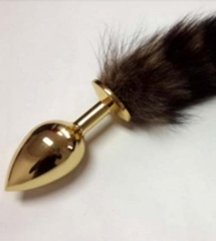Brown Faux Fox Tail Gold Smooth Butt Plug - Steel Sex Toys