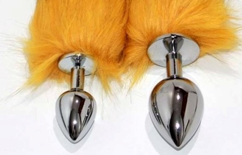 Canid Orange Faux Fox Tail Smooth Silver Butt Plug Steel Sex Toys