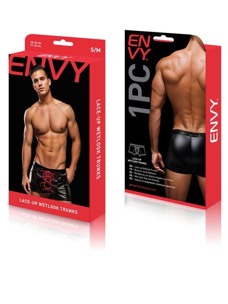Envy Menswear - Lace-Up Wetlook Trunks in Black/Red Mens Briefs And Boxers
