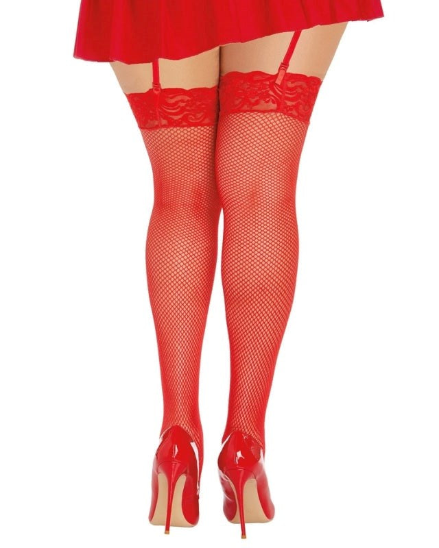 Fishnet Thigh High Stockings With Lace Top Red Hosiery