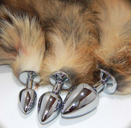 Long Brown and Blonde Fox Tail Silver Smooth Butt Plug - Steel Sex Toys