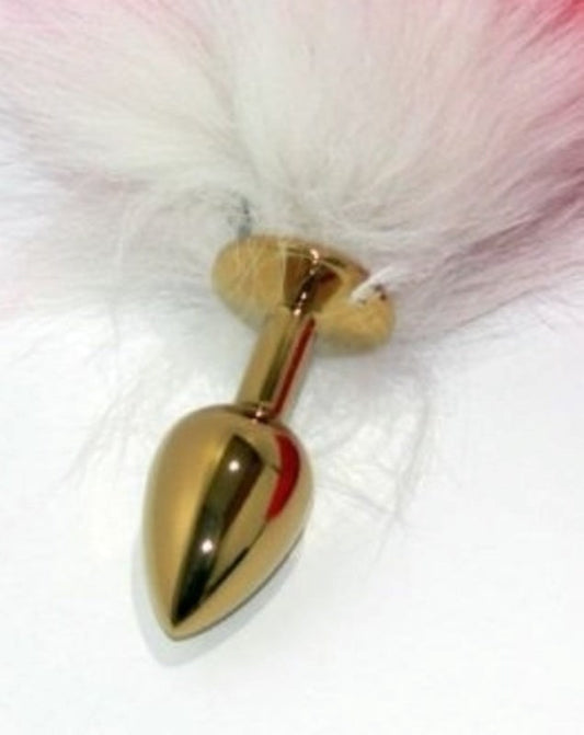 Red Faux Fox Tail Gold Butt Plug - Steel Sex Toys