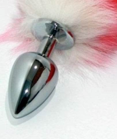Red Faux Fox Tail Silver Butt Plug - Steel Sex Toys
