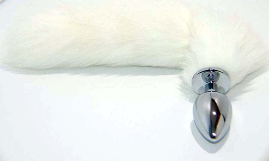 White Faux Fox Tail Smooth Silver Butt Plug - Steel Sex Toys