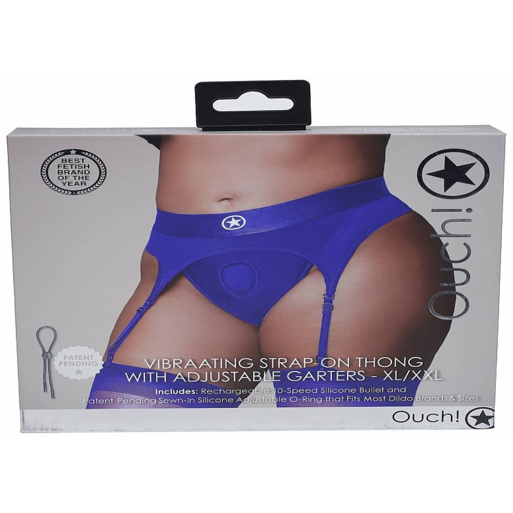 Ouch! Vibrating Strap-on Thong with Adjustable Garters Royal Blue Strap On Sextoys