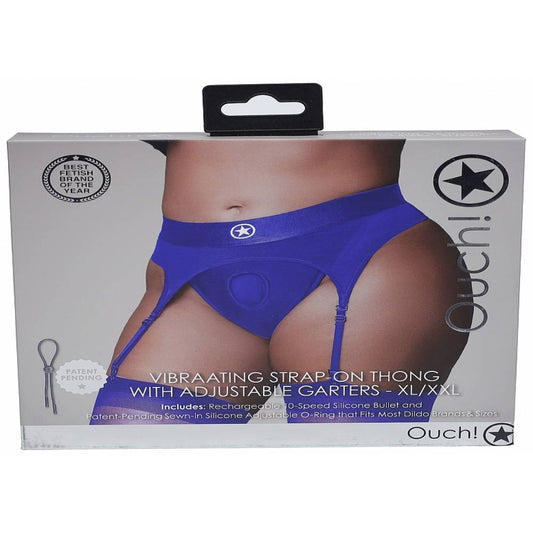 Ouch! Vibrating Strap-on Thong with Adjustable Garters Royal Blue - Strap On Sextoys