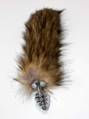 Black & Blonde Faux Fox Tail Butt Plug Silver Ribbed Fox Tail - Steel Sex Toys
