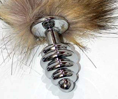 Black & Blonde Faux Fox Tail Butt Plug Silver Ribbed Fox Tail - Steel Sex Toys