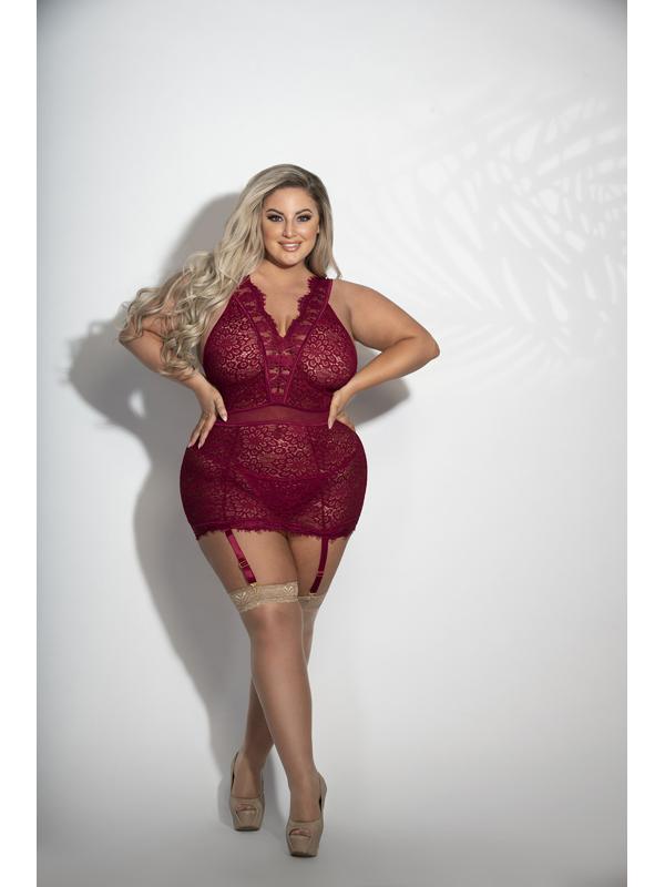 Seven Til Midnight Two Piece Eyelash and Floral Lace Chemise And G-String Set Wine Babydolls and Chemises