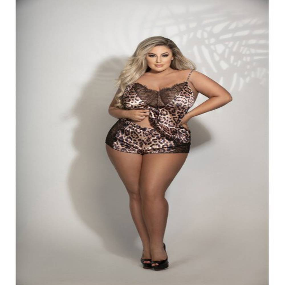 Seven Til Midnight Two Piece Leopard Print Satin and Lace Cami And Tap Short Set Leopard Teddies and Bodysuits