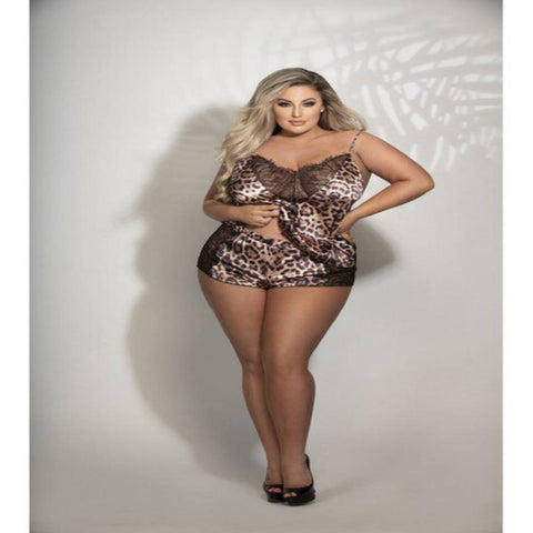 Seven Til Midnight Two Piece Leopard Print Satin and Lace Cami And Tap Short Set Leopard - Teddies and Bodysuits