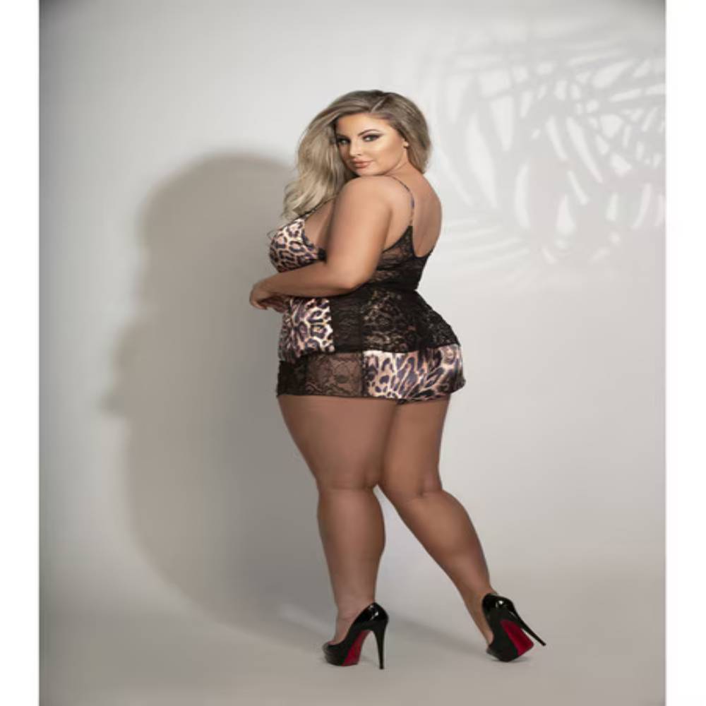 Seven Til Midnight Two Piece Leopard Print Satin and Lace Cami And Tap Short Set Leopard Teddies and Bodysuits