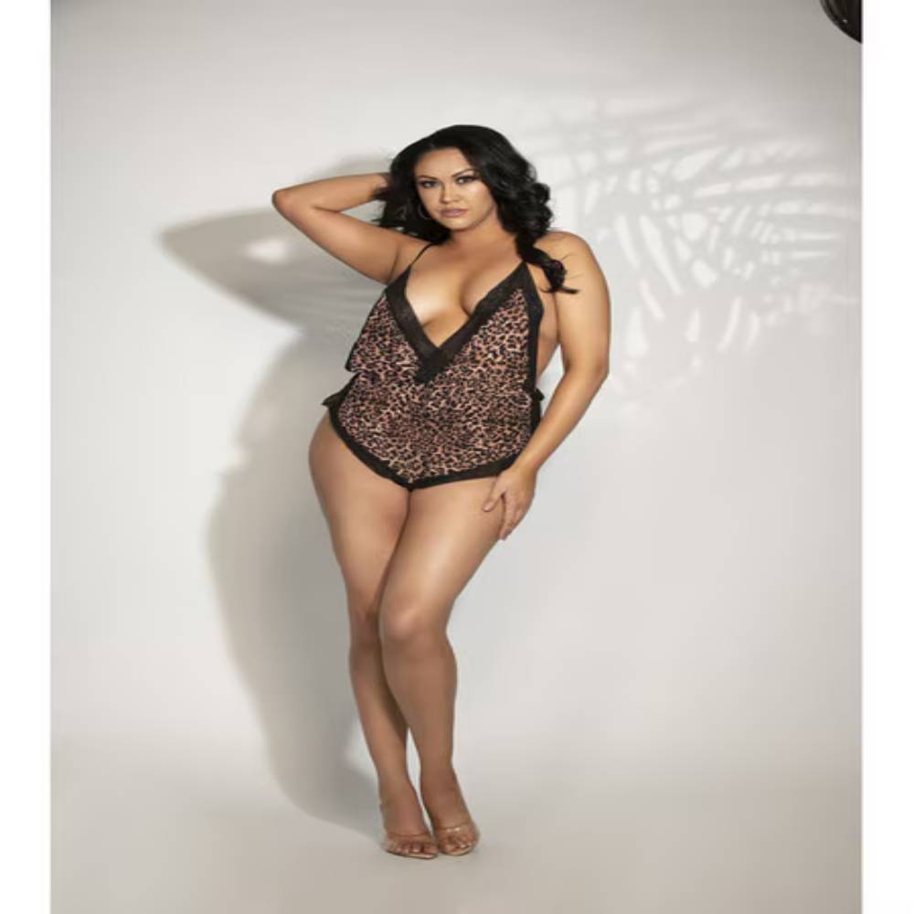 Seven Til Midnight Chiffon Romper with Surplice Neckline And Lace Trim Leopard Teddies and Bodysuits