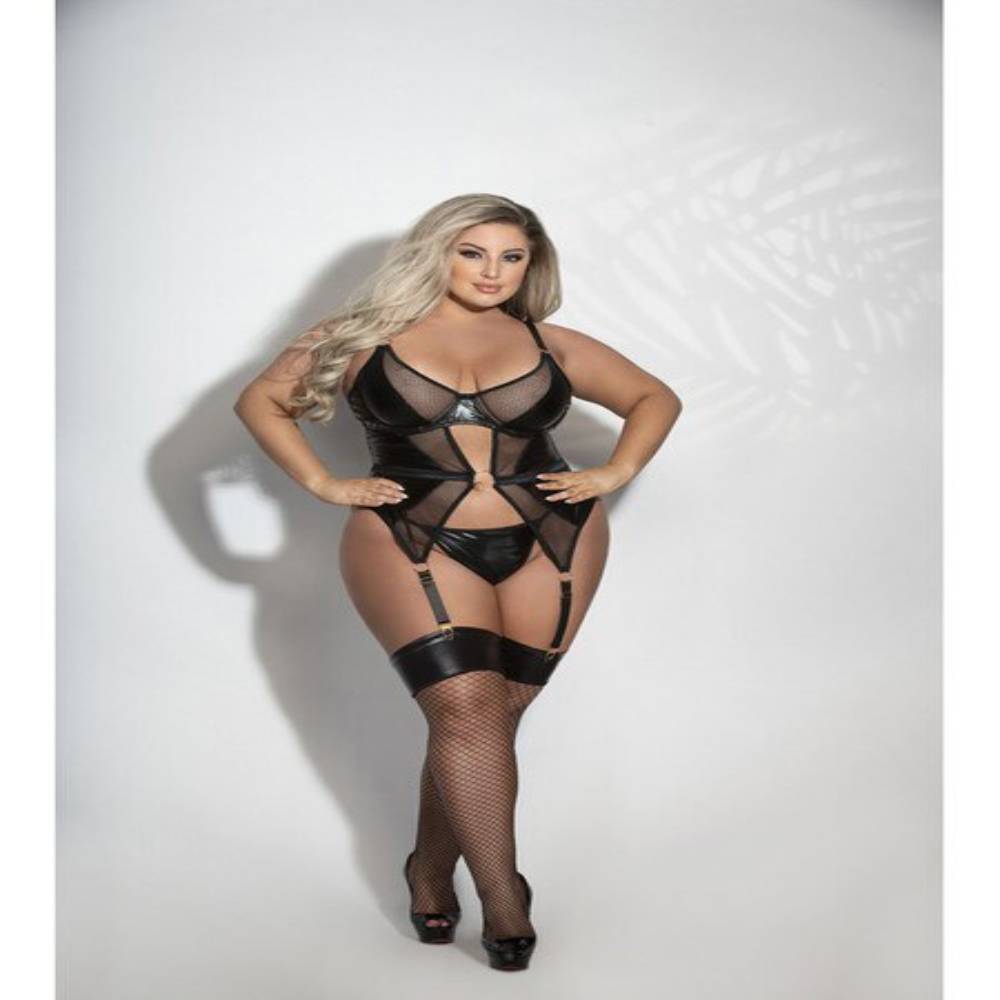 Seven Til Midnight Two Piece Lame And Net Cami And G-String Set Black Teddies and Bodysuits