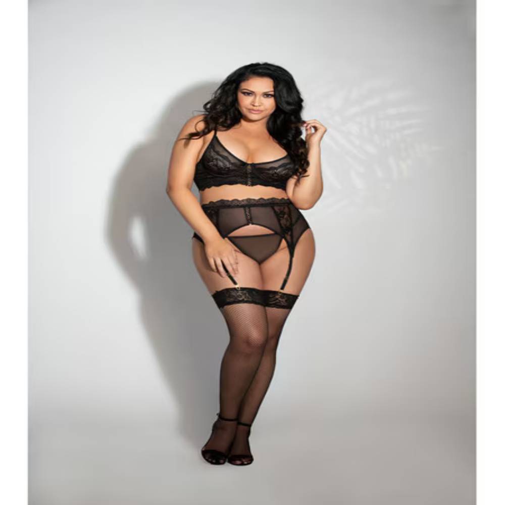 Seven Til Midnight Three Piece Lace and Mesh Bra Garter Belt and G-String Set Black Bras and Bra Sets