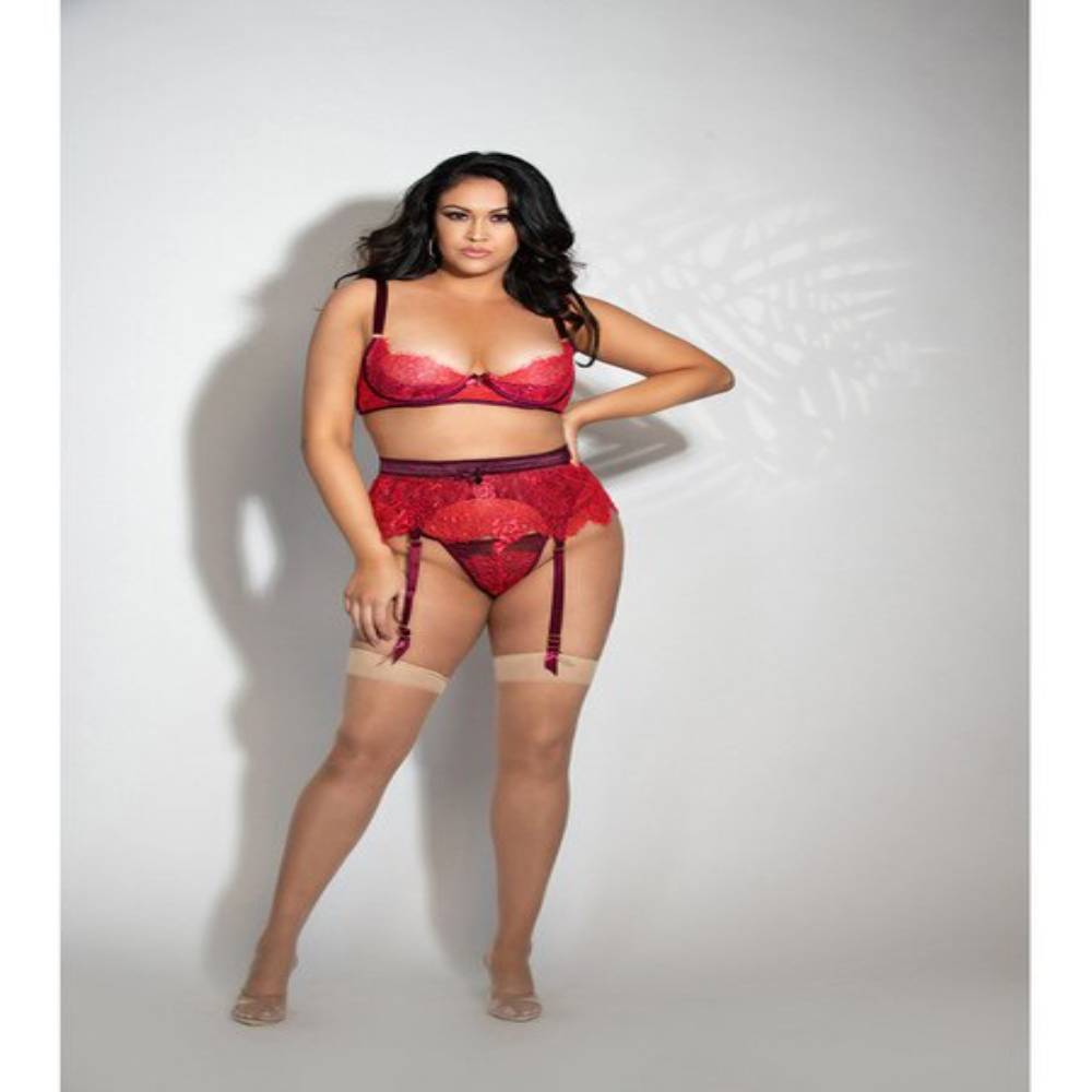 Seven Til Midnight Three Piece Eyelash Lace Bra Garter Skirt and G-String Set Red Bras and Bra Sets