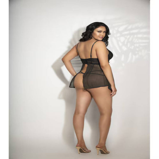 Seven Til Midnight Two Piece Lace and Mesh Babydoll and Panty Set 3X/4X - Babydolls and Chemises