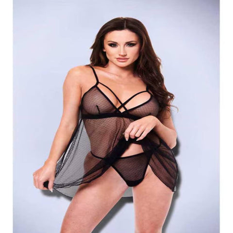 Baci 2 piece Strappy Lace & Mesh Babydoll & G-String Set - Babydolls and Chemises